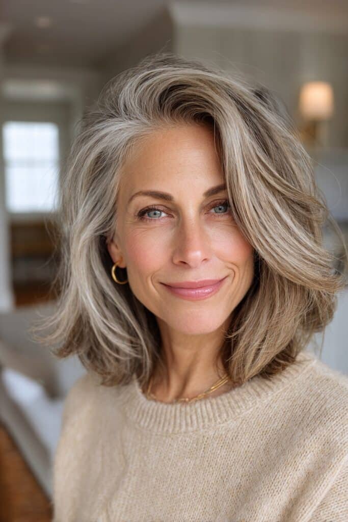 Shoulder-length silver hair with warm toffee accents creating a graceful gray blend with natural shine and soft layers.