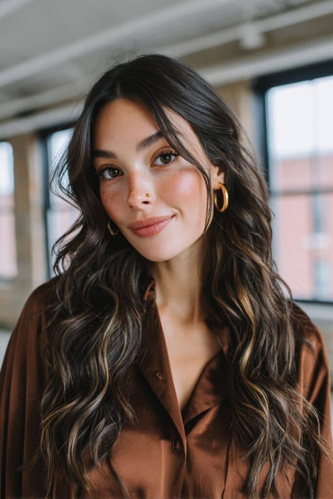 Long brunette hair with a toffee and amber multidimensional melt creating warm depth, shine, and natural-looking dimension.