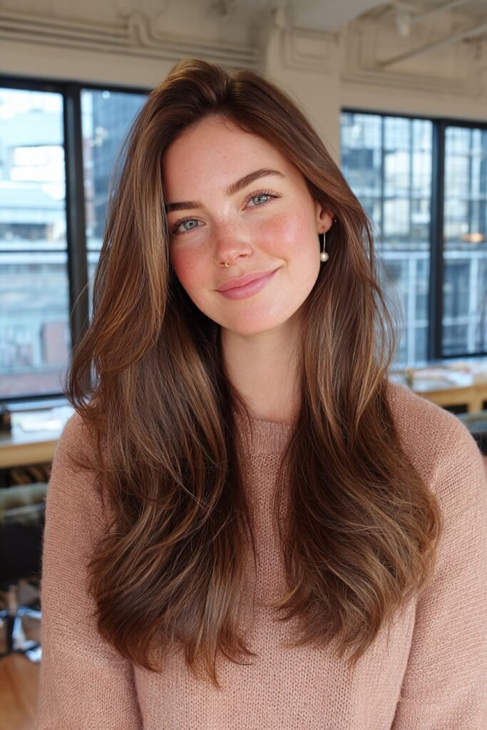 Brunette woman with fine toffee babylights woven through long layered hair for a soft sun-kissed and natural salon finish.