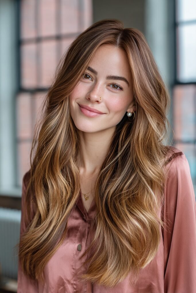 Long layered brunette hair with hand-painted toffee balayage creating soft ribbons of color, movement, and glossy dimension.