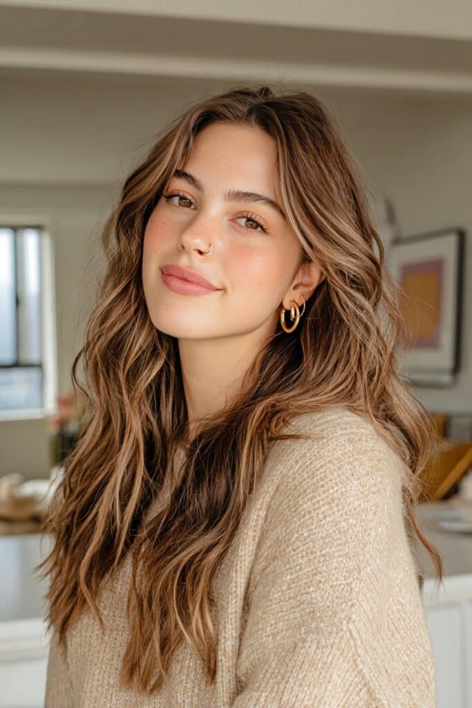 Brunette hair transitioning into creamy toffee blonde lengths with soft waves and a seamless salon-quality color melt.
