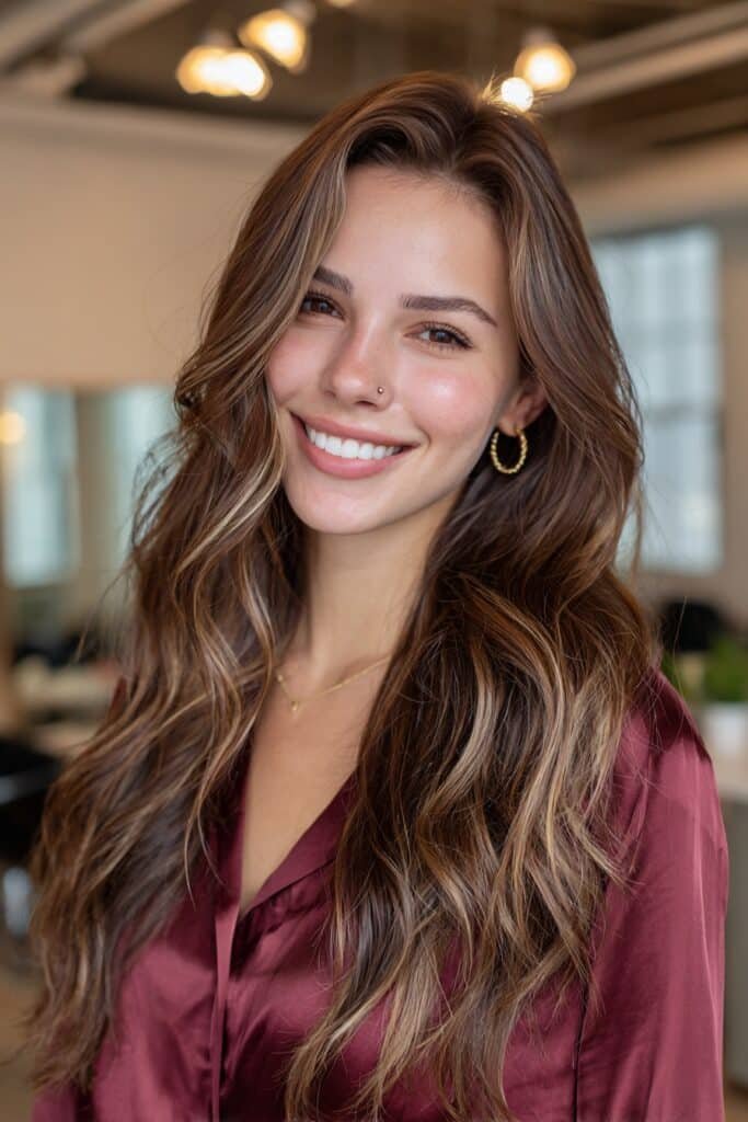 Espresso brown hair with creamy toffee highlights creating a high-contrast melt and glossy long layered hairstyle.