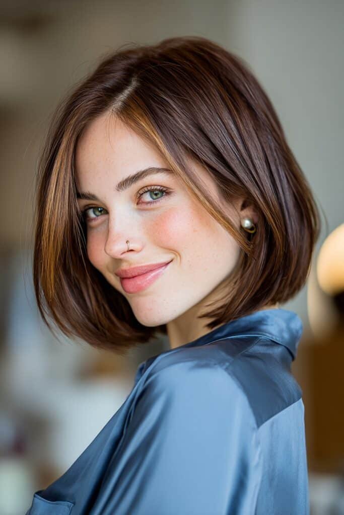 Sleek brunette bob with bright toffee face-framing highlights adding contrast, dimension, and a modern salon look.
