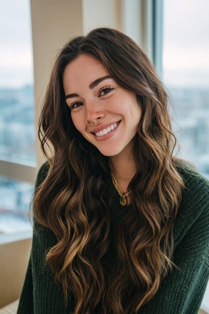 Dark chocolate brown hair with warm toffee highlights creating natural dimension, brightness, and soft beachy waves.