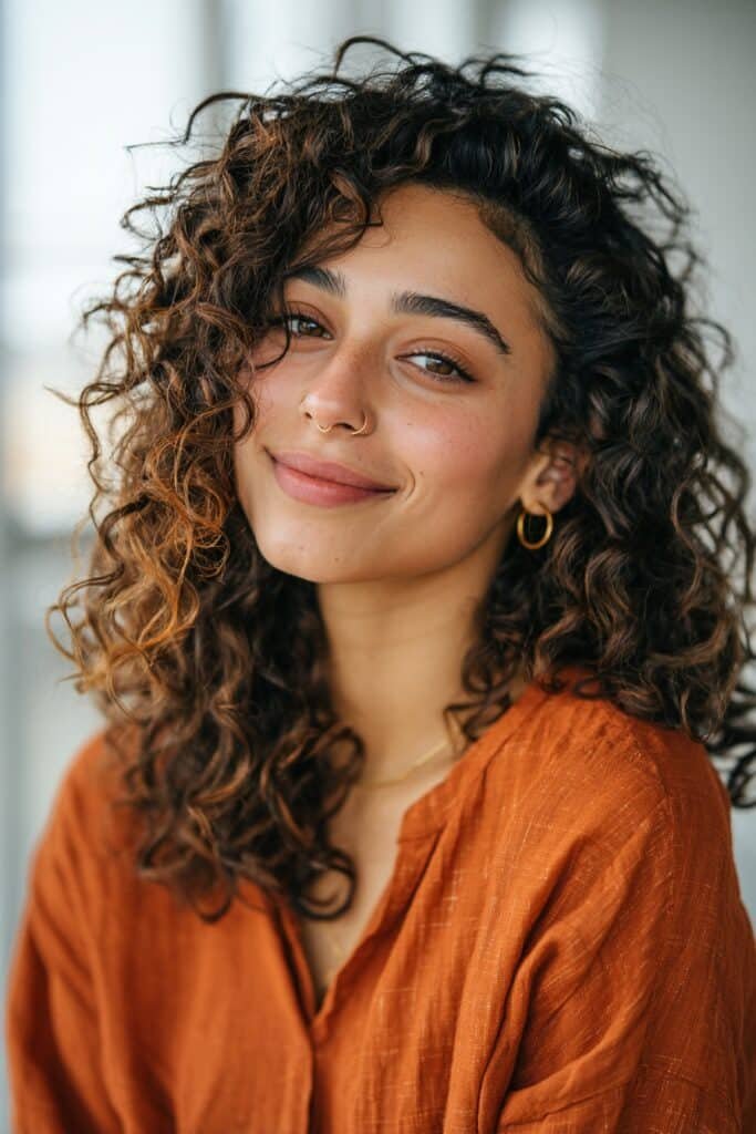 Naturally curly brunette hair enhanced with warm toffee highlights that add depth, definition, and radiant shine.