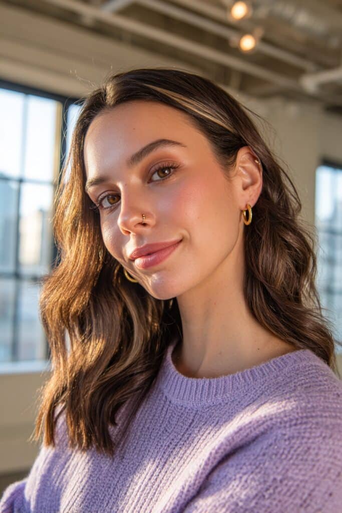 Long brunette hairstyle with bold toffee money piece highlights framing the face for a bright trendy hair color look.