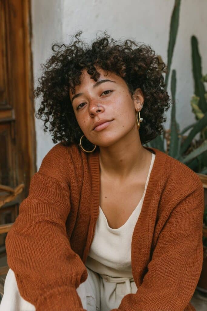 Young woman with defined twist-out curls and natural volume