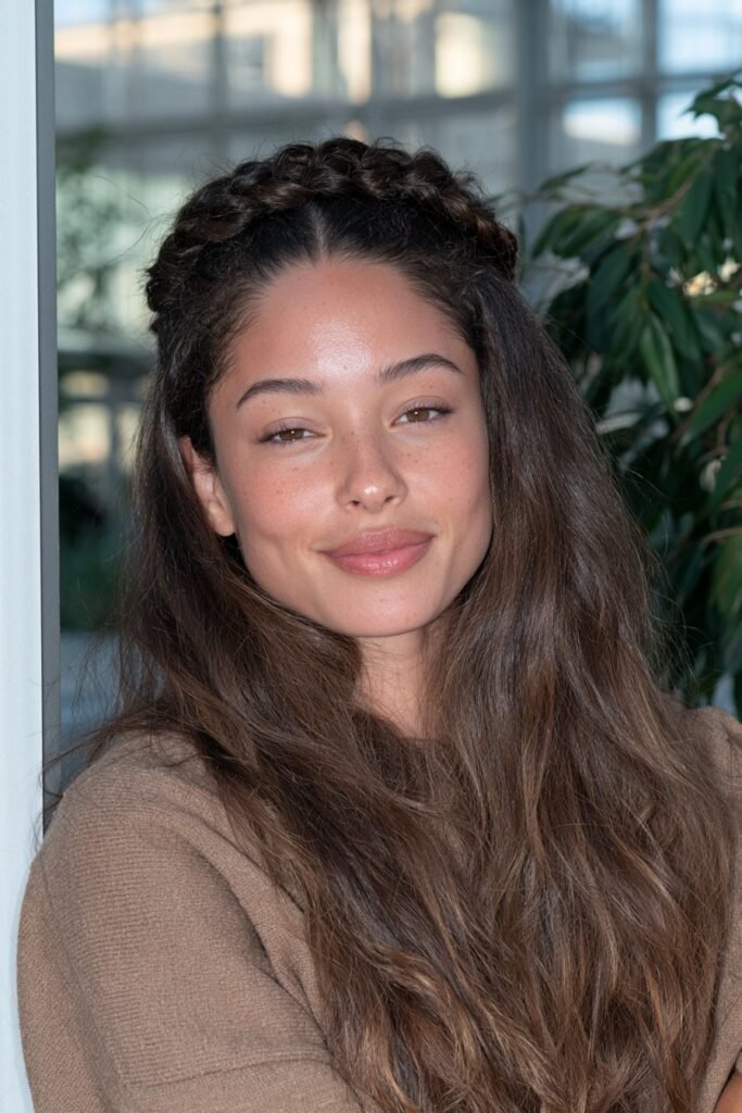 Twisted crown braid hairstyle for long hair