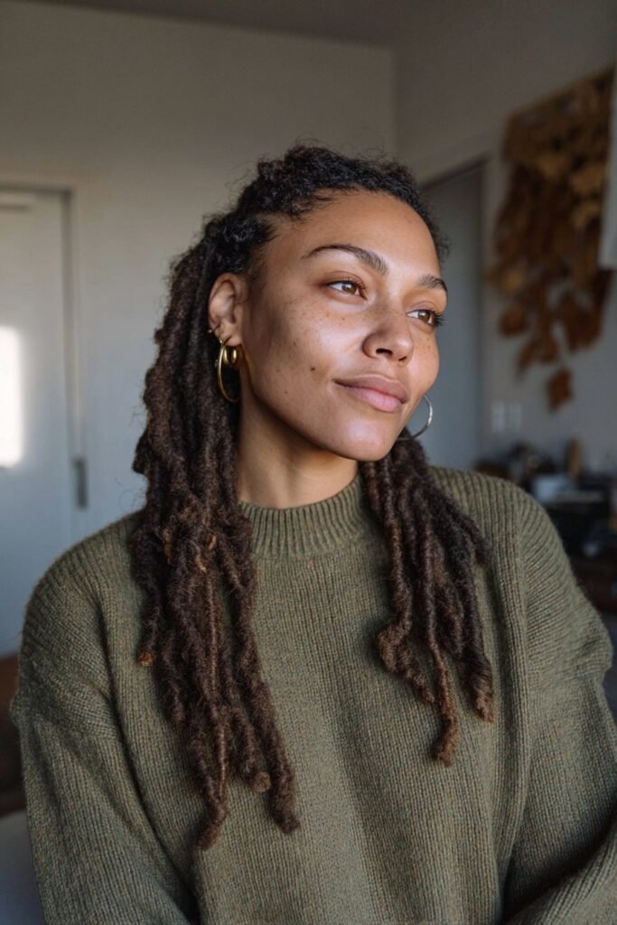 Black woman with long two-strand twists featuring subtle copper highlights.