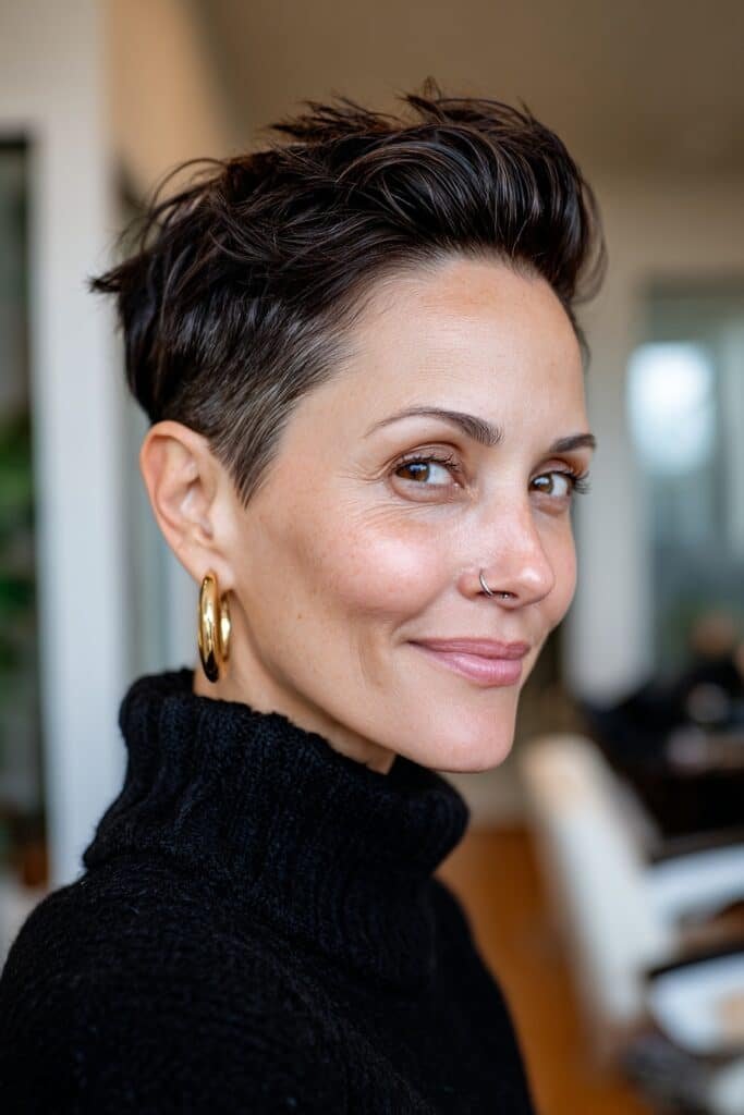 Bold undercut pixie hairstyle with a textured top, tapered sides, and glossy espresso brown hair on a confident mature woman.