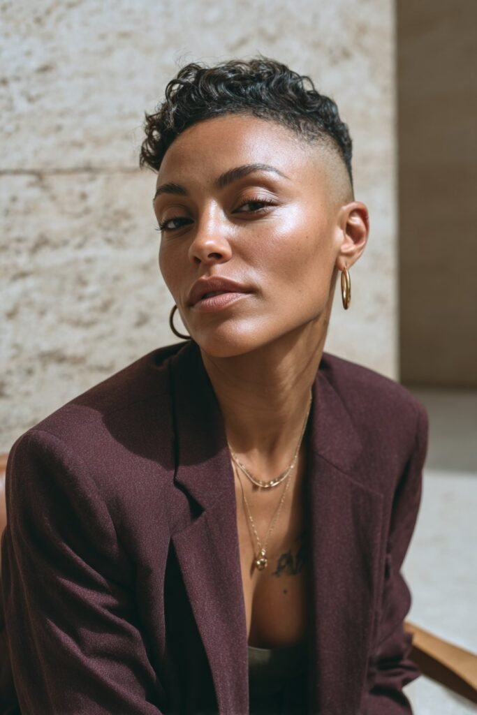 Black woman with an undercut pixie featuring sculpted waves on top.