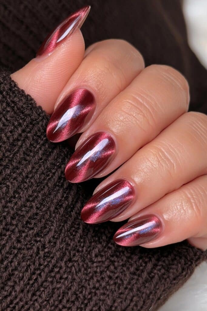 Chocolate velvet magnetic nails with dimensional glossy shimmer.