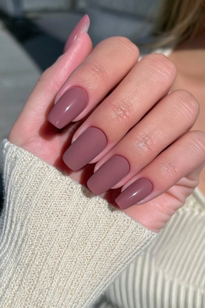 Short squoval deep chocolate brown nails with a luxurious velvet-matte texture.