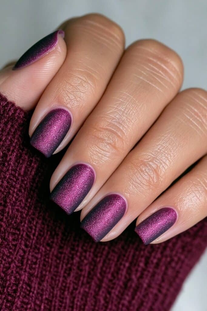 Short velvet plum nails with magnetic shimmer.