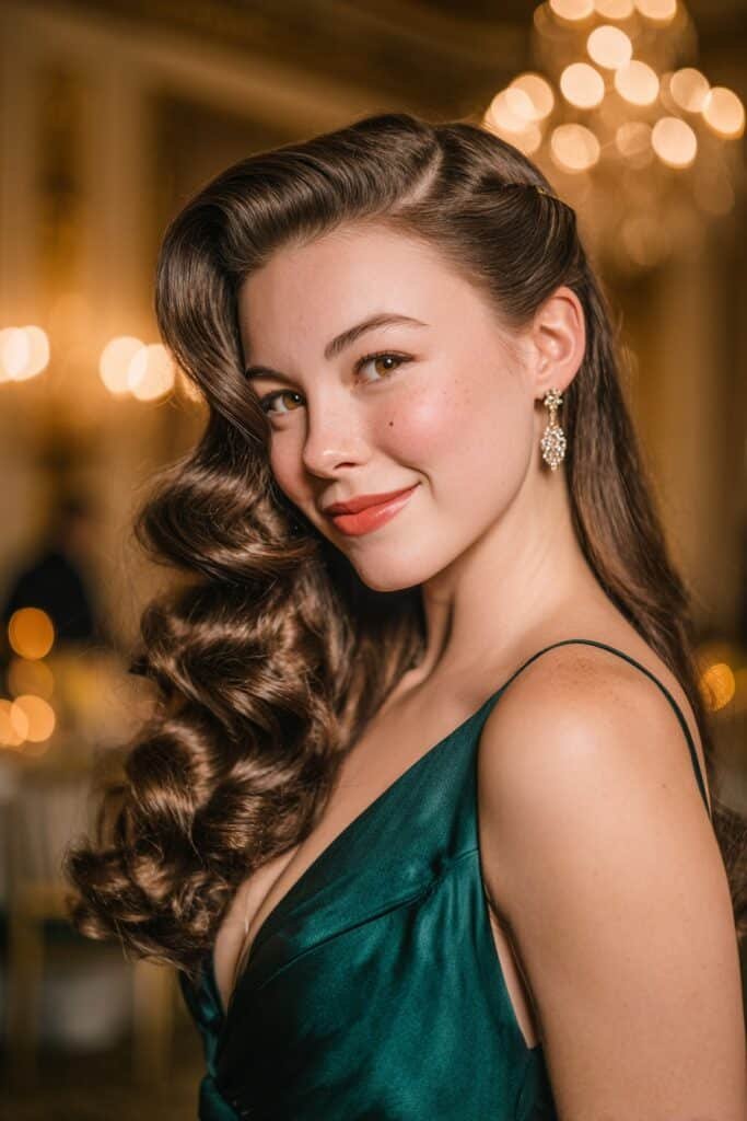 Vintage side-swept waves with sculpted glossy curls and a deep side part for a glamorous homecoming hairstyle.