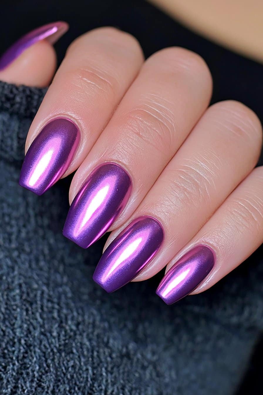 Short reflective violet chrome nails with a mirror-like glossy finish.