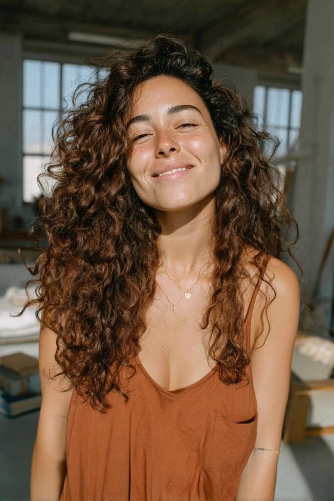 Woman in her 20s with a voluminous curly blowout and bouncy curls