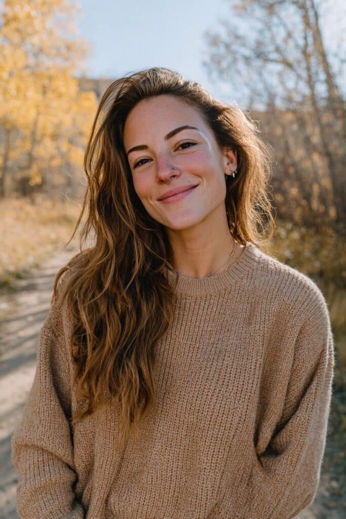 Warm brown balayage with soft layered waves and seamless dimensional brunette color.