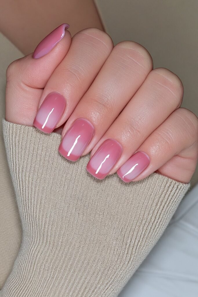 Short warm terracotta nails with creamy coverage.