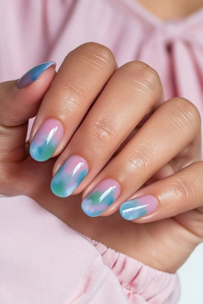 Short watercolor nails in peach and soft coral shades.