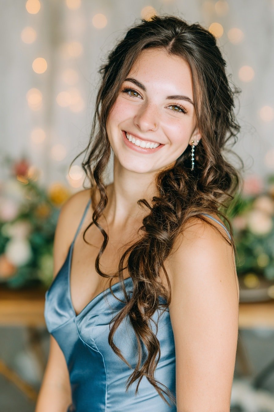 Waterfall braid hairstyle with large glamorous curls, glossy brunette hair, and romantic volume for homecoming.