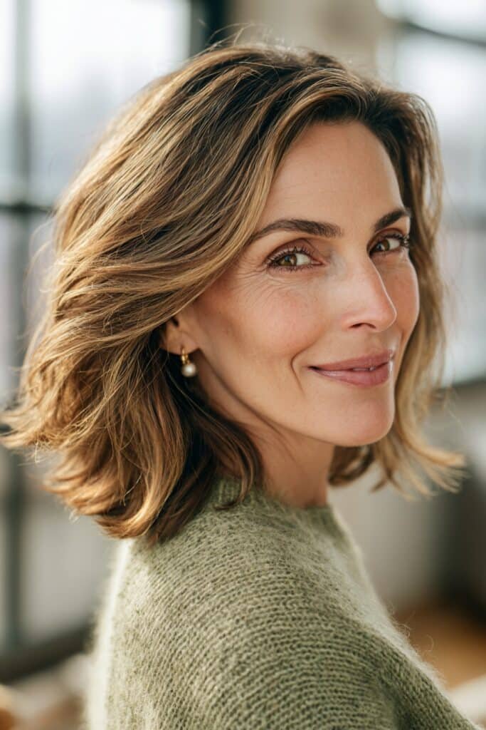 Shoulder-length wavy haircut with soft layers, caramel highlights, and natural movement for women over 50.