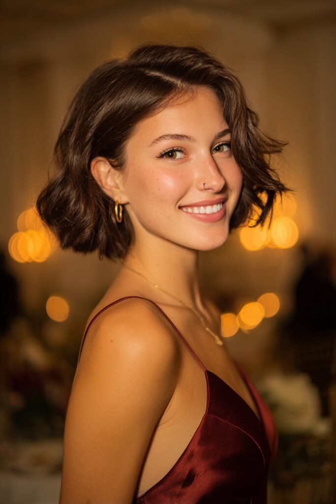 Short chin-length bob with a deep side part, glamorous waves, and voluminous crown for an elegant homecoming hairstyle.