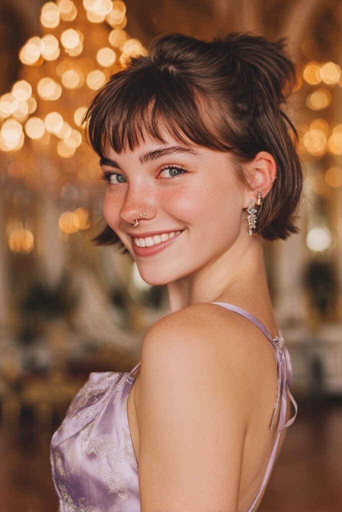 Short chin-length bob styled into a playful whale spout updo with a high fountain ponytail and smooth sides for homecoming.