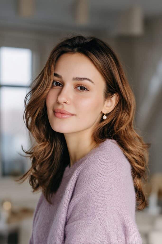 Young brunette woman with whisper pink brunette hair featuring soft translucent pink undertones and silky layered waves.