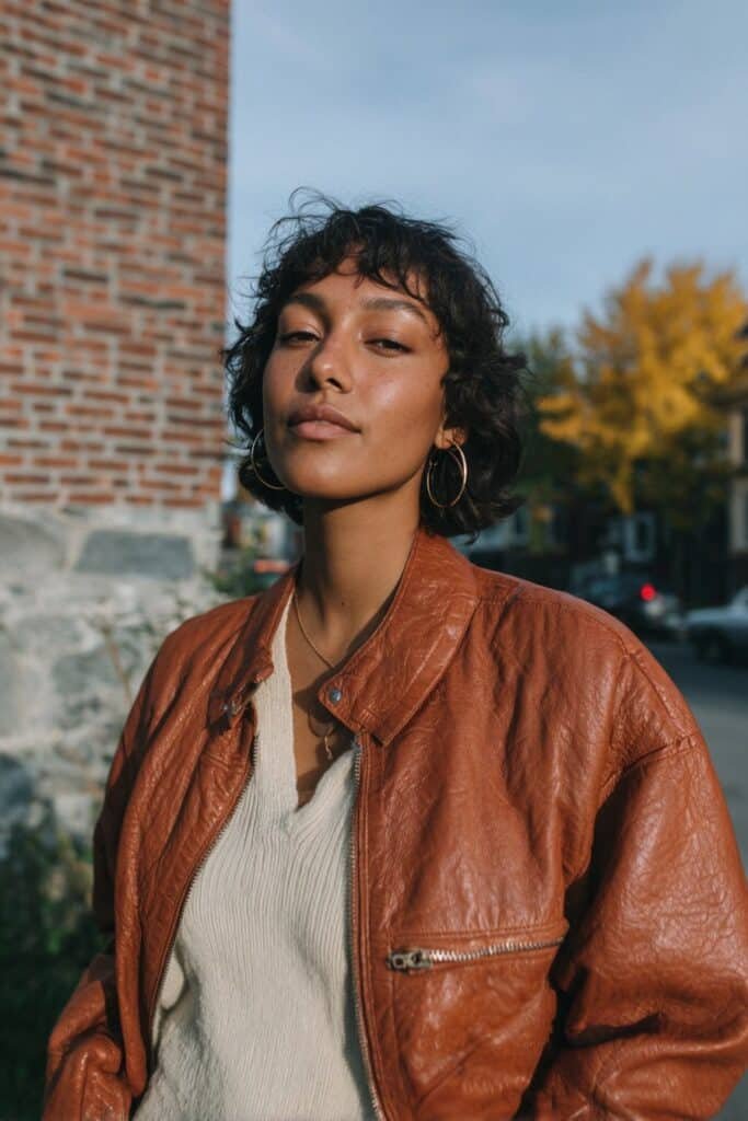 Black woman with a textured wolf cut, layered volume, and wispy bangs.