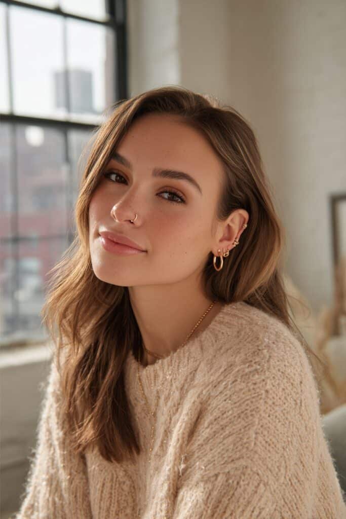 Young brunette woman with long layered rosewood brown hair featuring rich rosy mahogany tones and glossy, healthy waves.