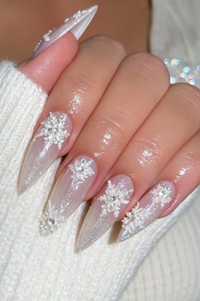 Milky nails with raised 3D white snowflakes