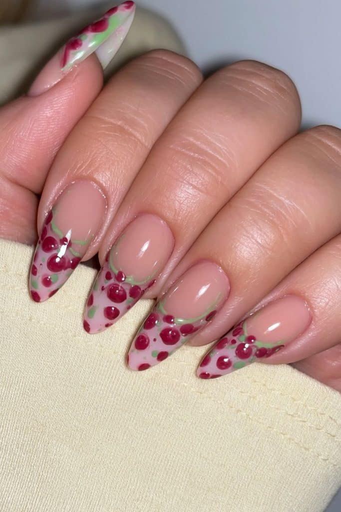 Milky nails with abstract red and green splatters