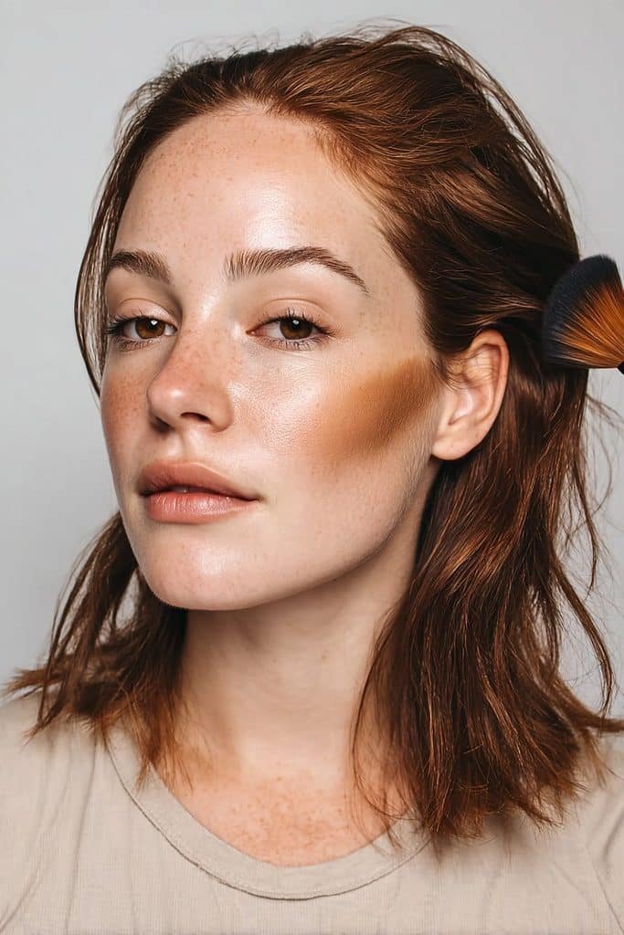 Young woman blending cool taupe contour for subtle winter definition