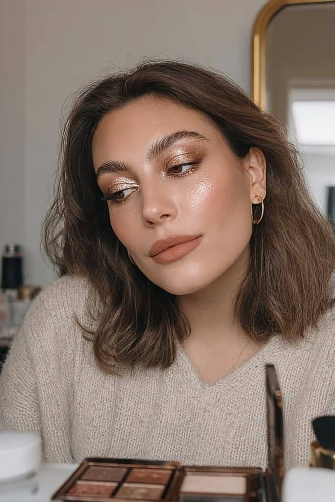 Young woman applying subtle frosted shimmer eyeshadow