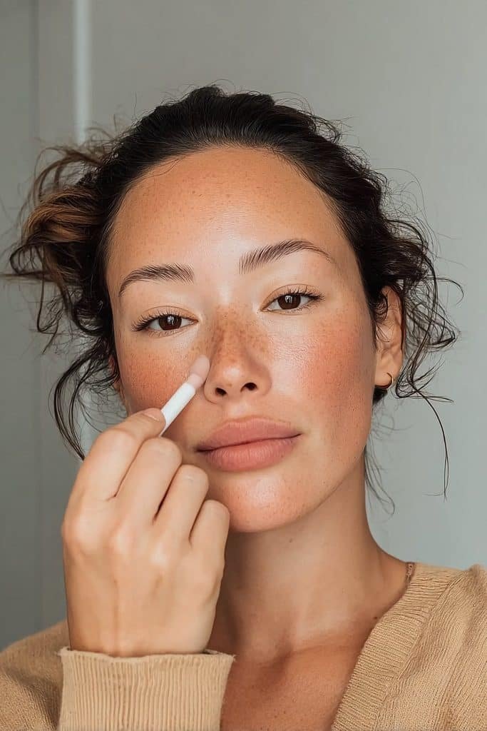 Young woman adding soft pink blush to her nose for a winter flush