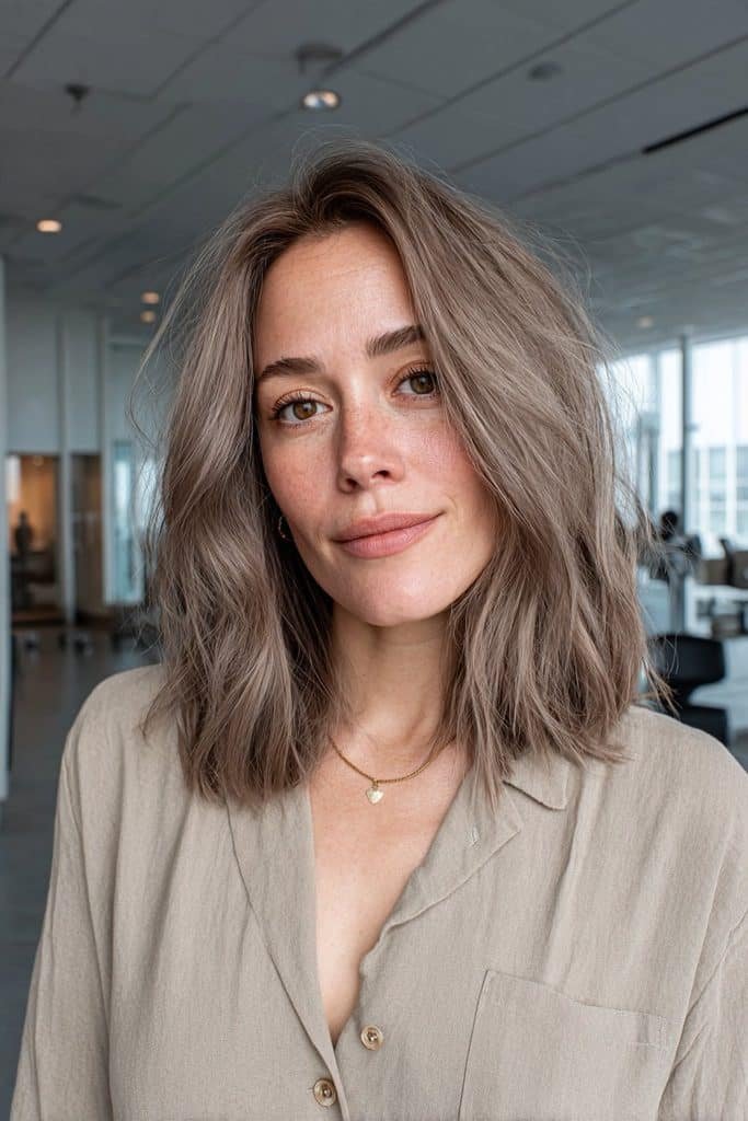Ash chai latte hair with cool beige, taupe and mushroom tones