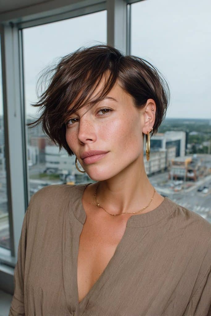 Asymmetrical pixie bob with a longer sweeping front section