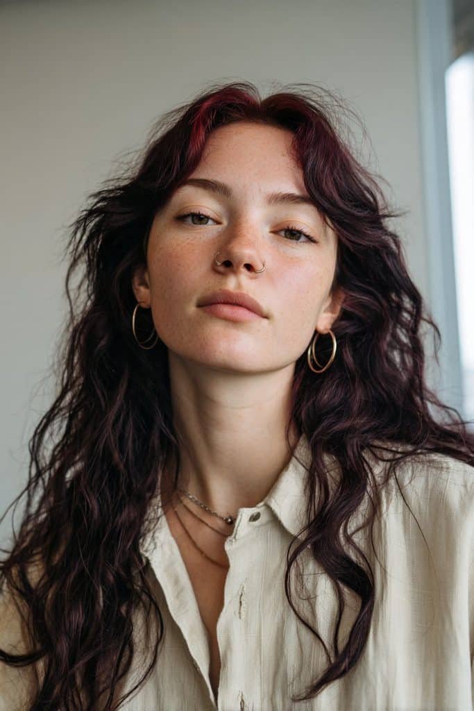 Black cherry hair with delicate cherry-red face-framing highlights