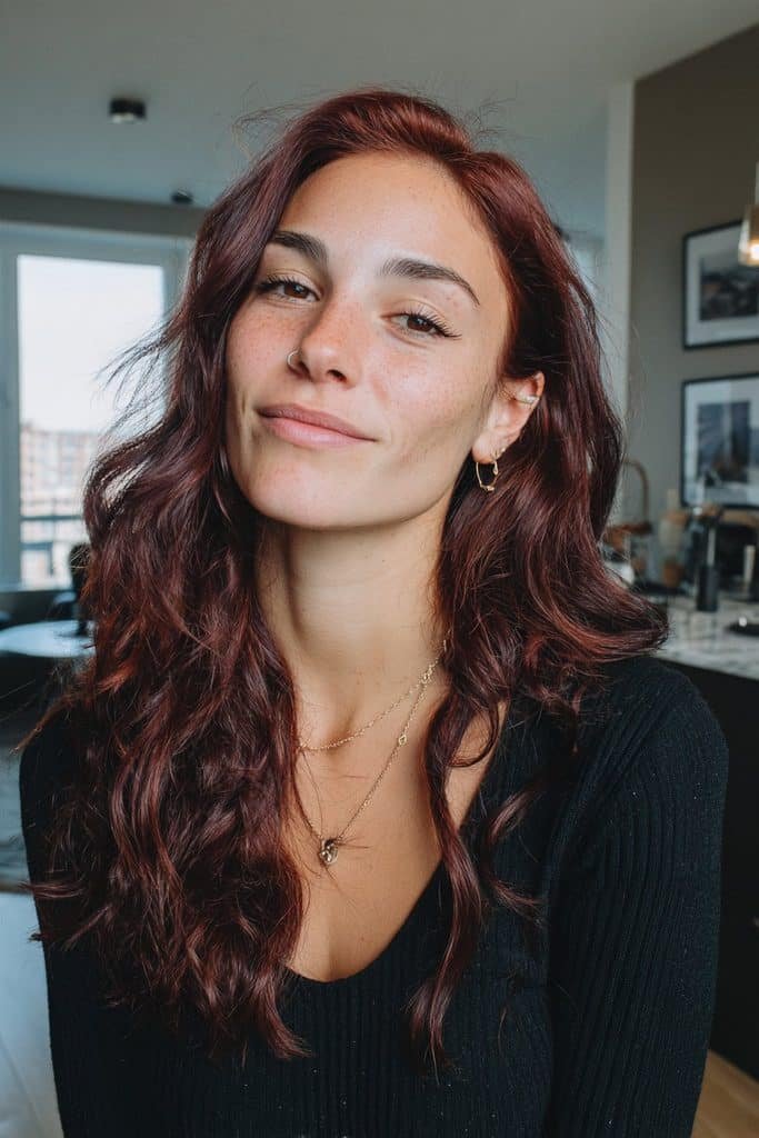 Black cherry hair blended with delicate silver strands and burgundy tones