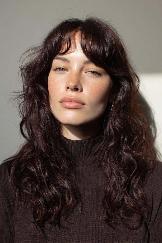 Black cherry hair with soft curtain bangs and subtle ruby undertones