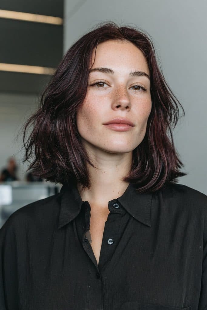 Glossy black cherry lob with dark brown tones and rich cherry-red reflections
