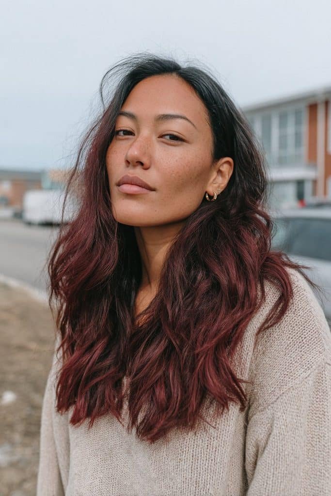 Black cherry ombré fading from nearly-black roots to deep cherry-red ends