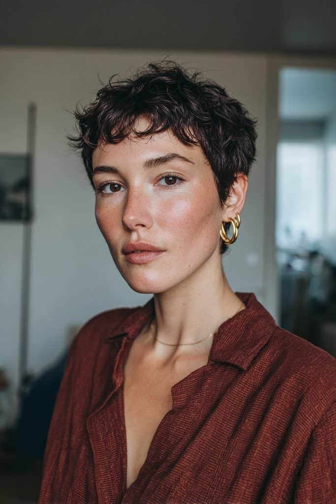 Black cherry pixie cut with deep espresso tones and burgundy-red reflections