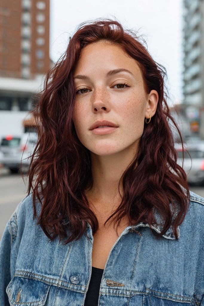 Black cherry hair with dark shadow roots and saturated cherry-burgundy lengths