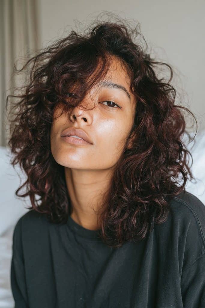 Black cherry waves and curls with layered burgundy and wine-red reflections