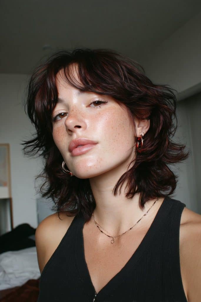 Black cherry wolf cut with wispy bangs and deep cherry-red reflections
