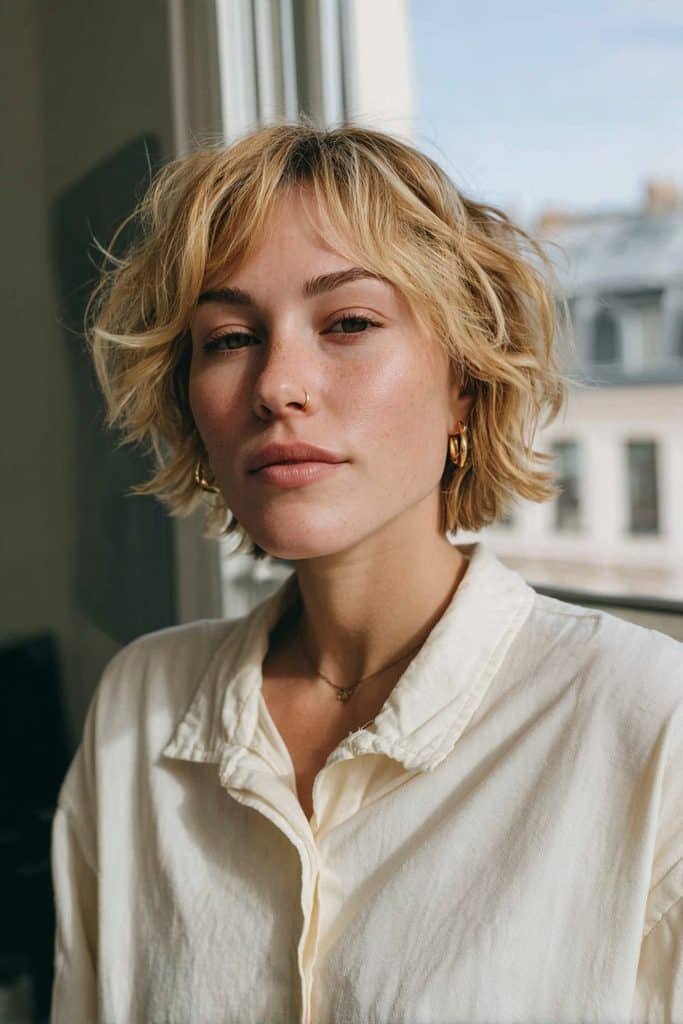 Blonde balayage pixie bob with honey-beige highlights
