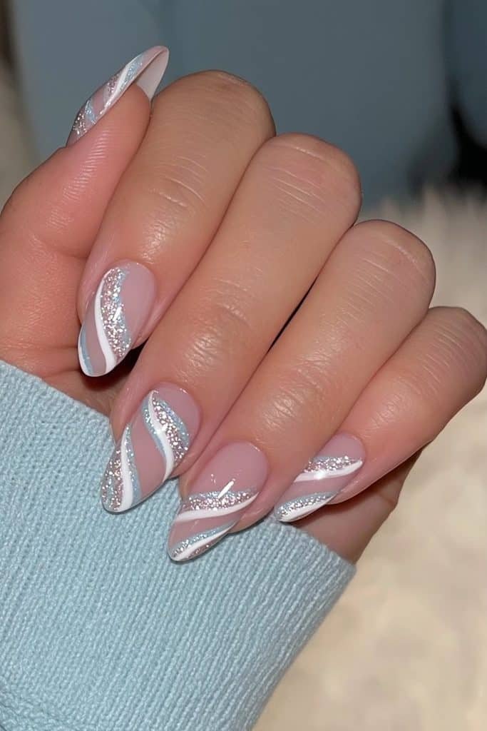 Icy blue and white twisted candy cane almond nails