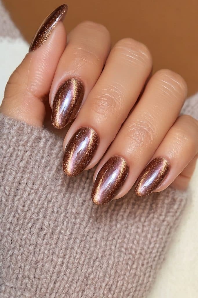 Bronze gold magnetic cat-eye shimmer almond nails